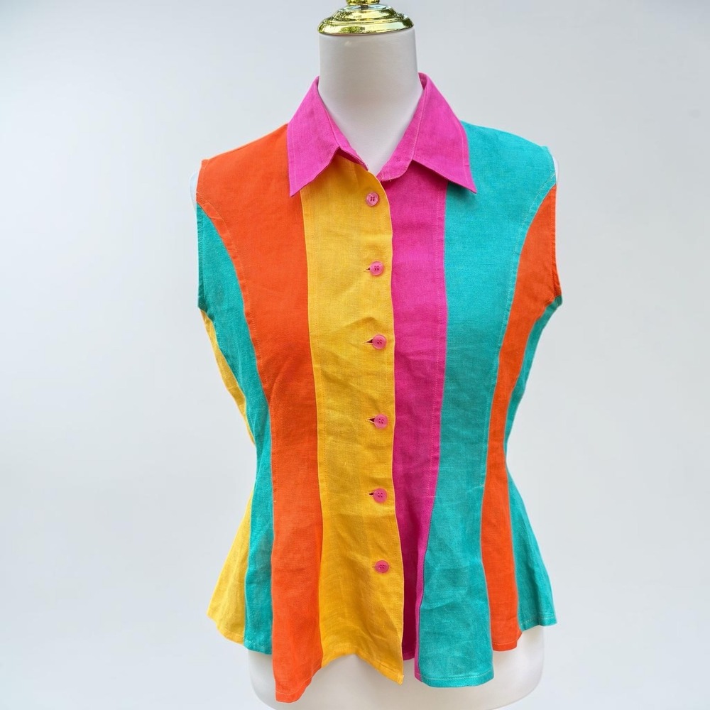 VTG 90s Linen Top 10 Multicolor Stripe Peplum Vibrant Maximalist Artsy Bold